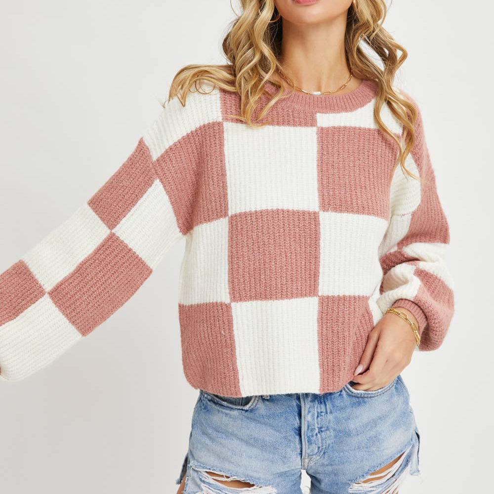 Checker Relaxed Fit Comfy Sweater in Mauve 2877