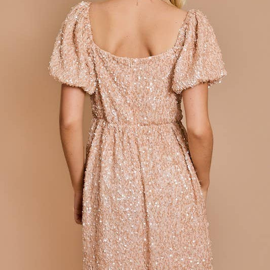 Rose Gold Puff Half Sleeve Sequin Fit & Flare Dress