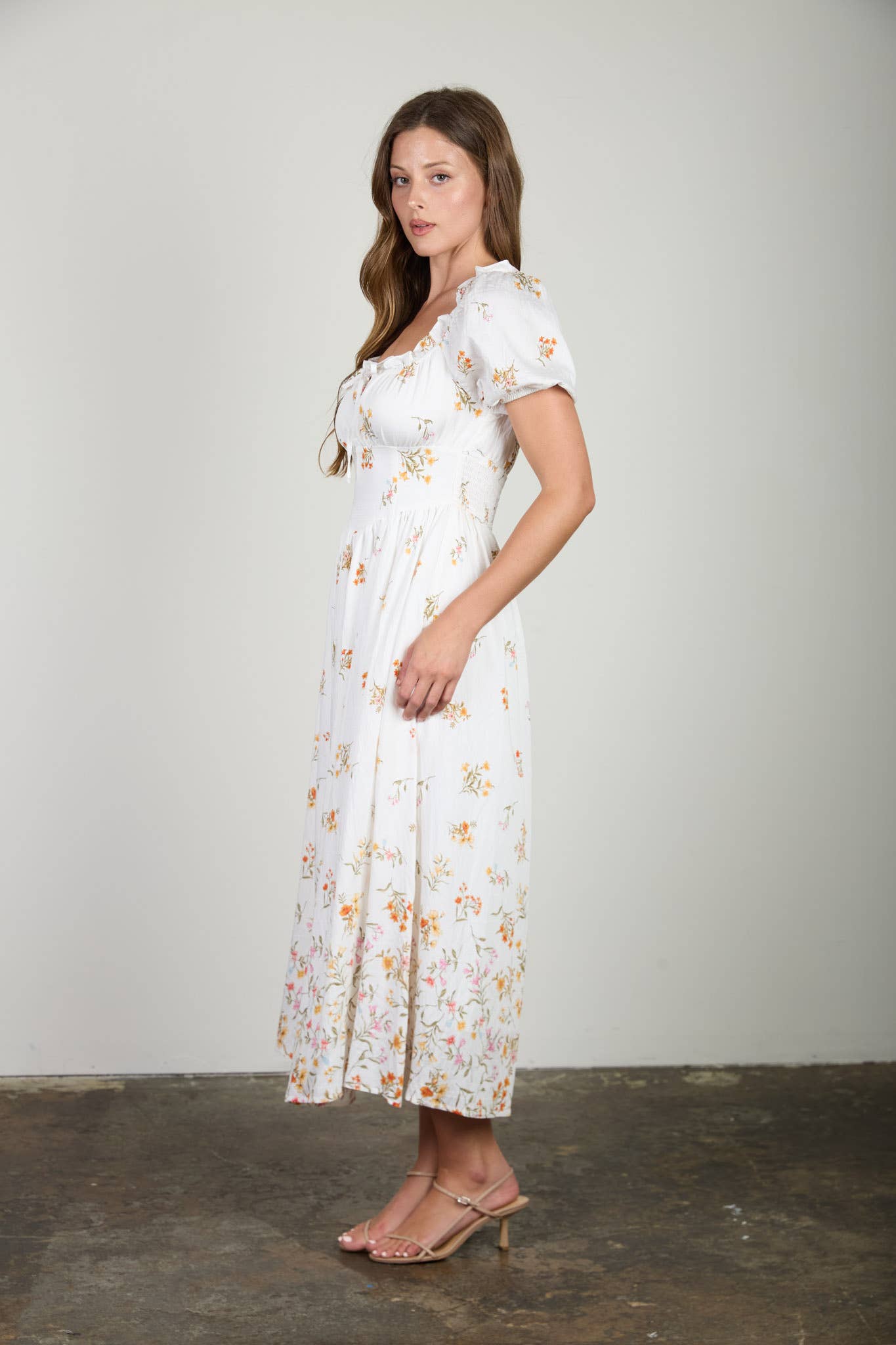 Falling Floral Puff Sleeve Corset Midi Dress