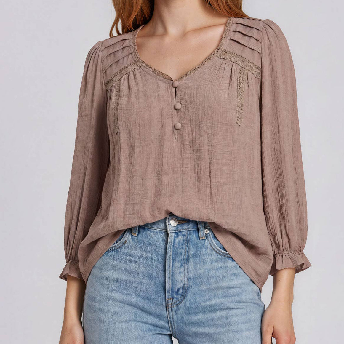 Crochet Trim V-Neck 3/4 Sleeve Top in Mocha 2884