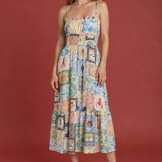 Colorful Positano Motif Spaghetti Strap Midi Dress 2868