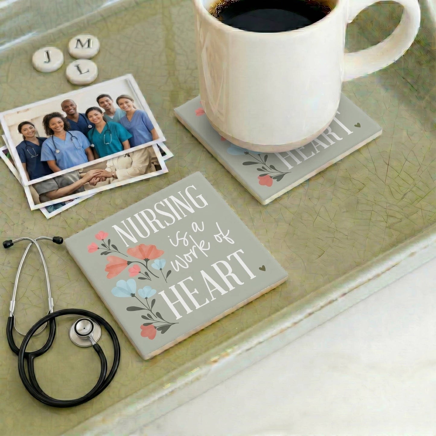 Nursing Is Work Of Heart Flowers Ceramic Coaster