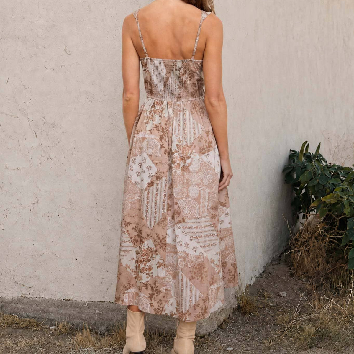 Taupe Patchwork Midi Dress 2882