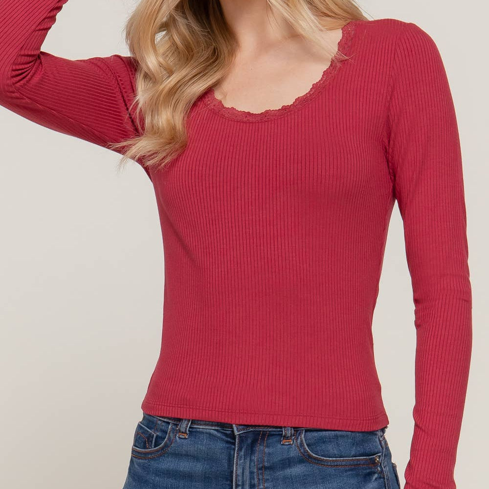 Long Sleeve Scoop Neck with Lace Trim Rib Knit Top