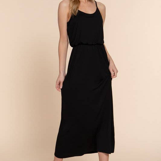Black Elastic Waist Midi Cami Knit Dress