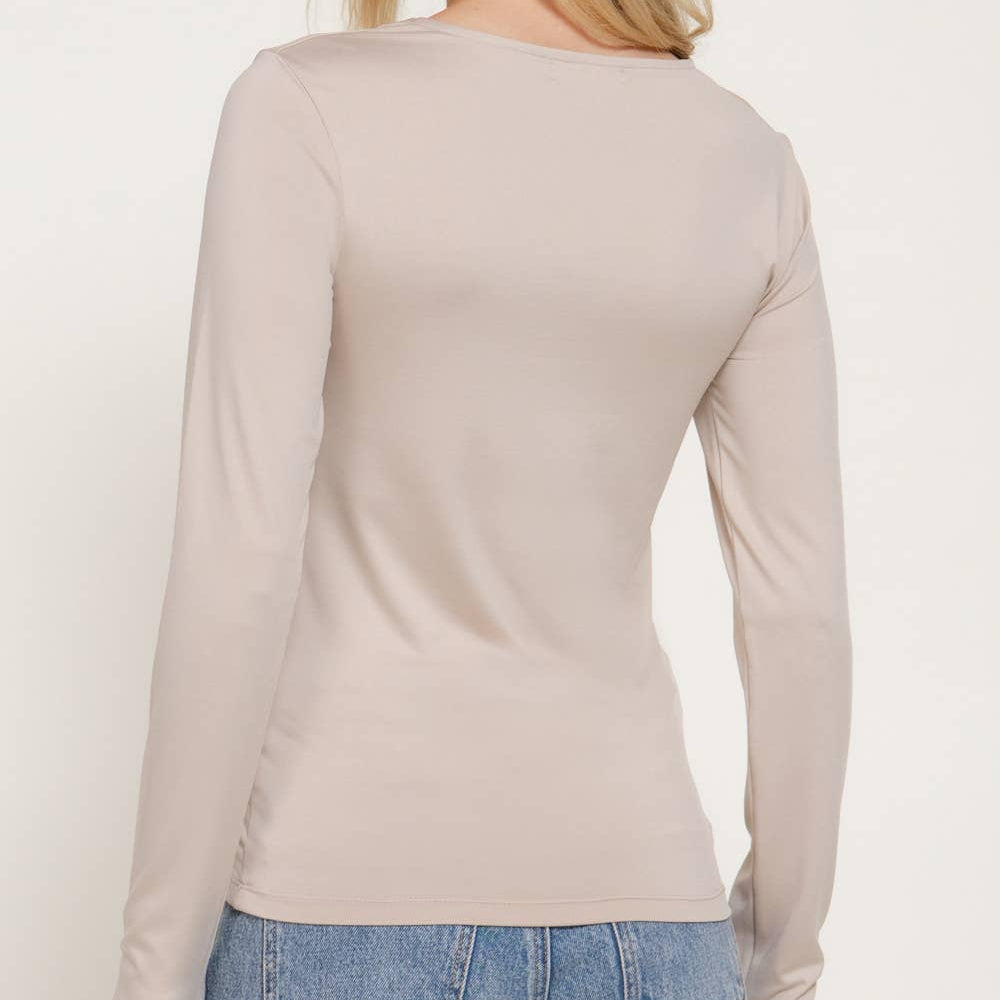 Taupe Long Sleeve Square Neck Double Layered Knit Top 2923