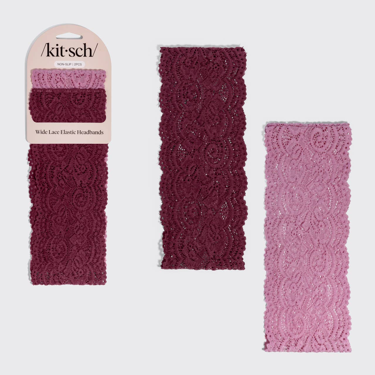 CC Wide Lace Elastic Headbands 2pc Set - Cherry Lacquer & Dusty Pink
