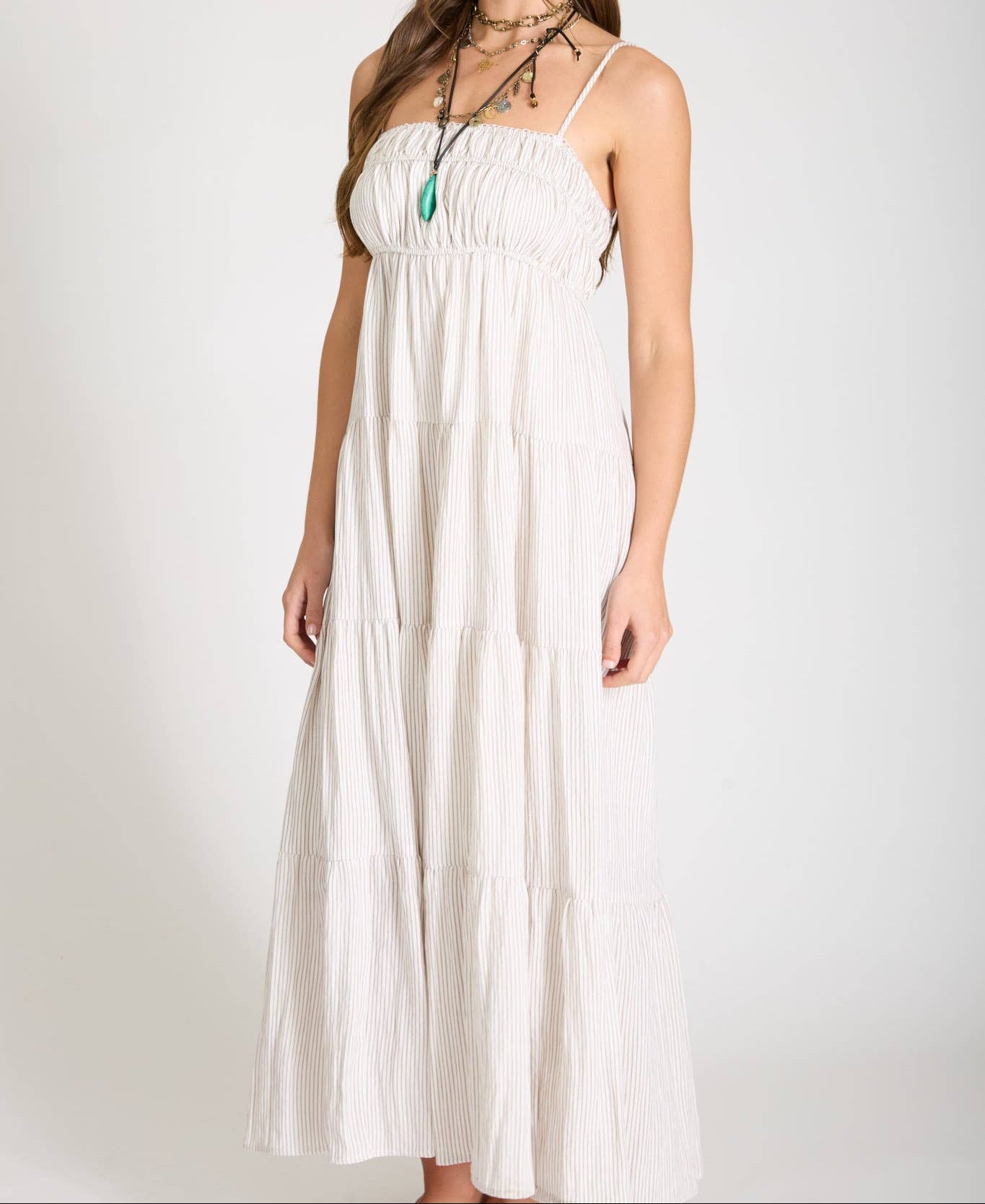 Stripe Shirred Empire Waist Tiered Midi Dress