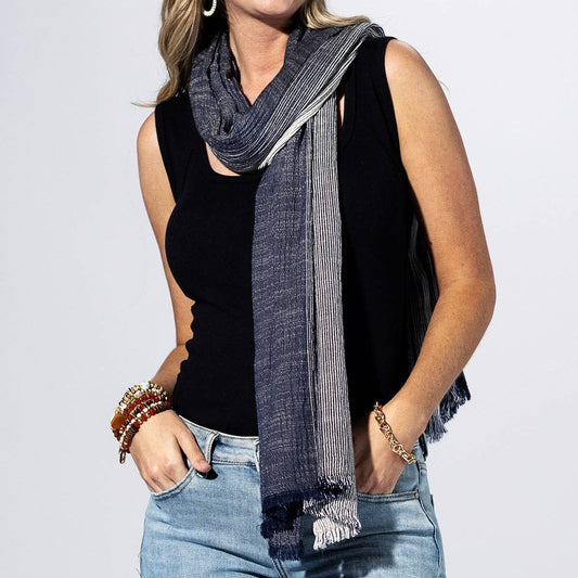 Dark Blue Stripe Fringe Scarf