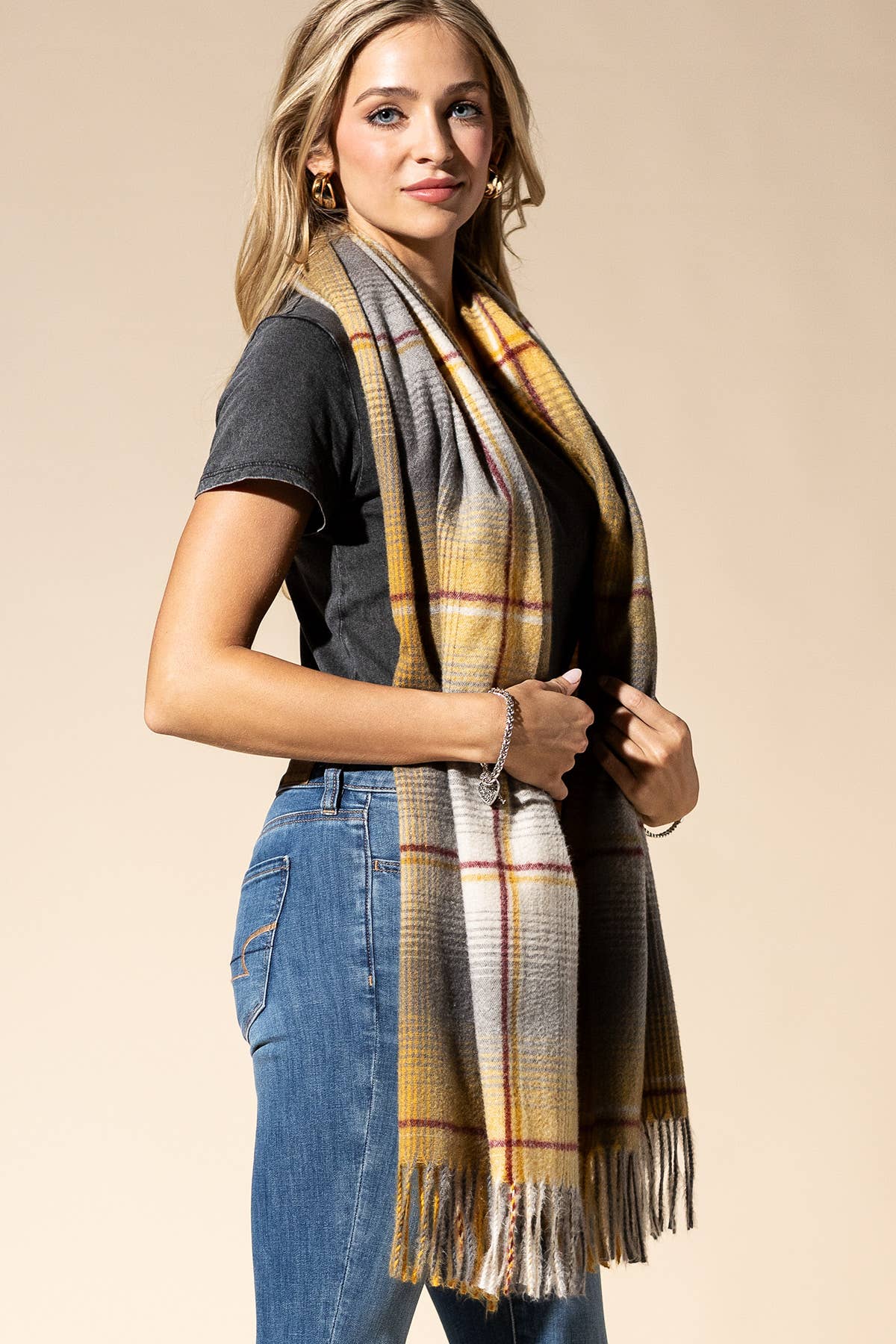 Mustard Yellow Plaid Fringe Scarf