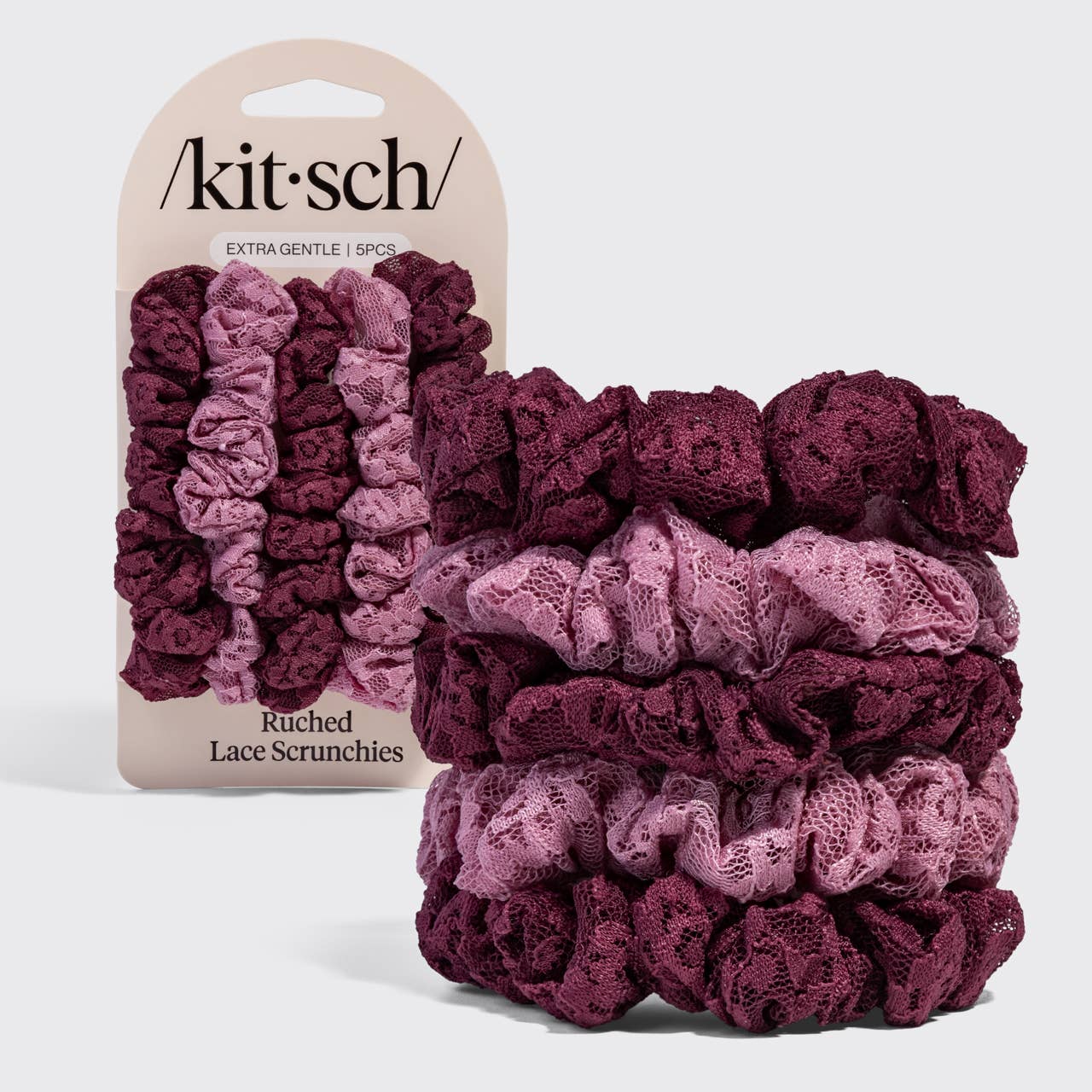 CC Ruched Lace Scrunchies 5pc Set - Cherry Lacquer & Dusty Pink