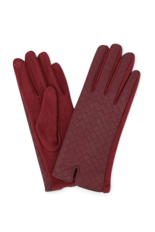 Quilted Faux Leather & Faux Suede Touchscreen Gloves in Burgundy
