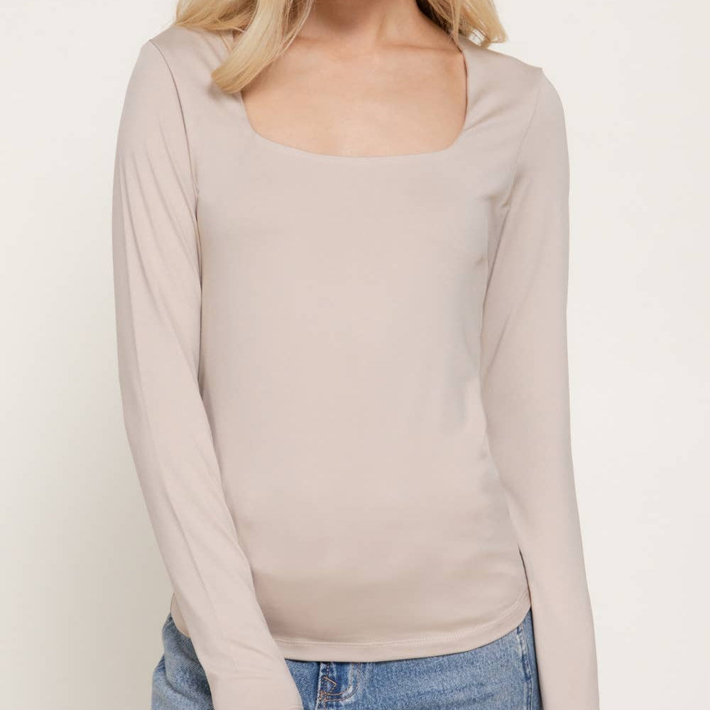 Taupe Long Sleeve Square Neck Double Layered Knit Top 2923