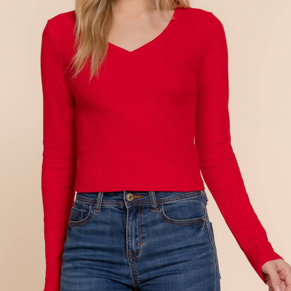 Long Sleeve V-Neck Thermal Crop Knit Top