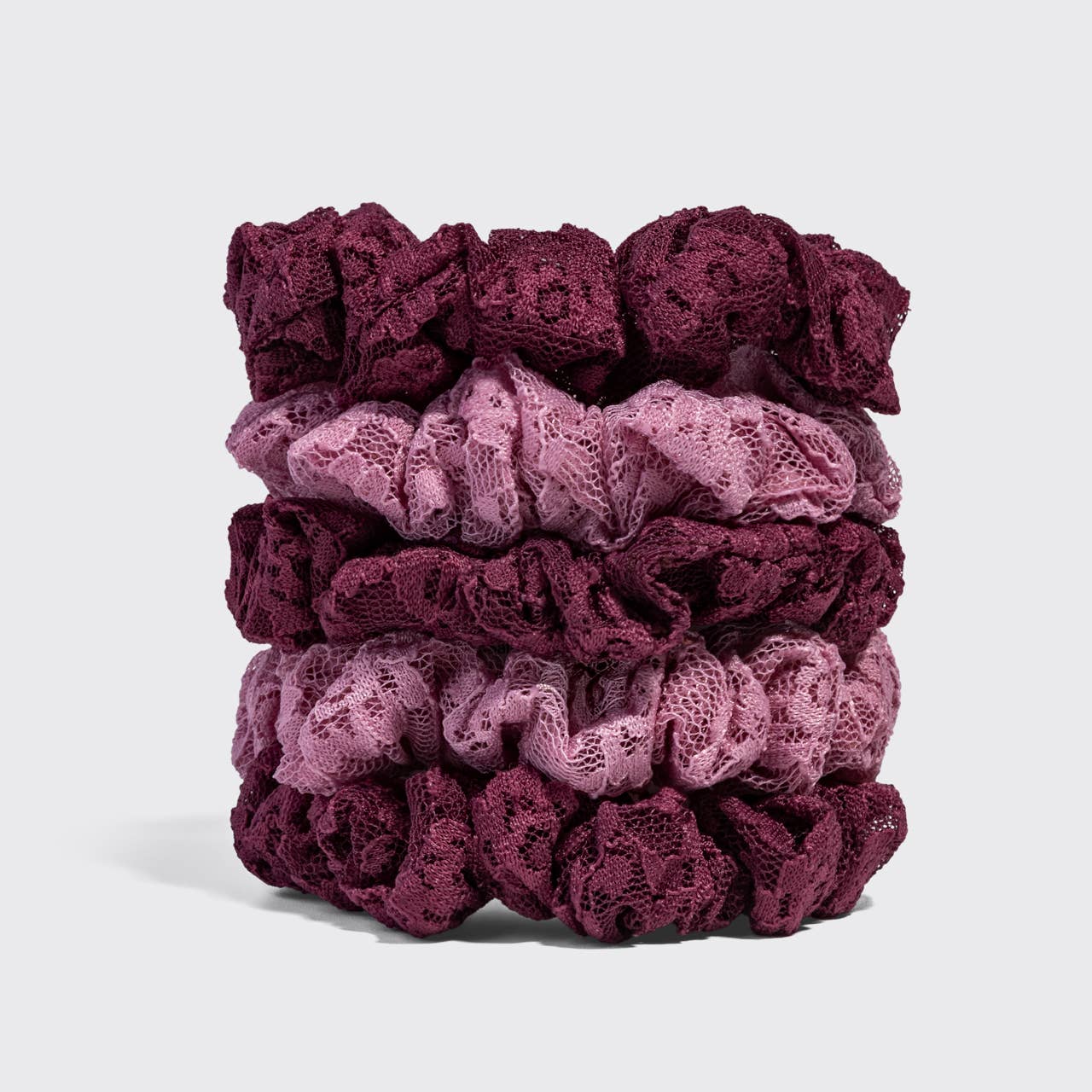 CC Ruched Lace Scrunchies 5pc Set - Cherry Lacquer & Dusty Pink