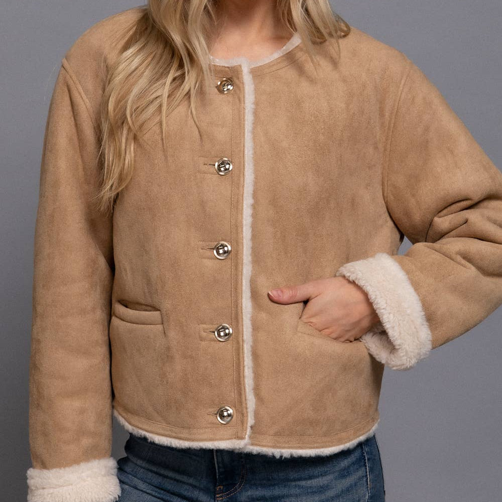 Long Sleeve Gold Button Faux Suede Jacket