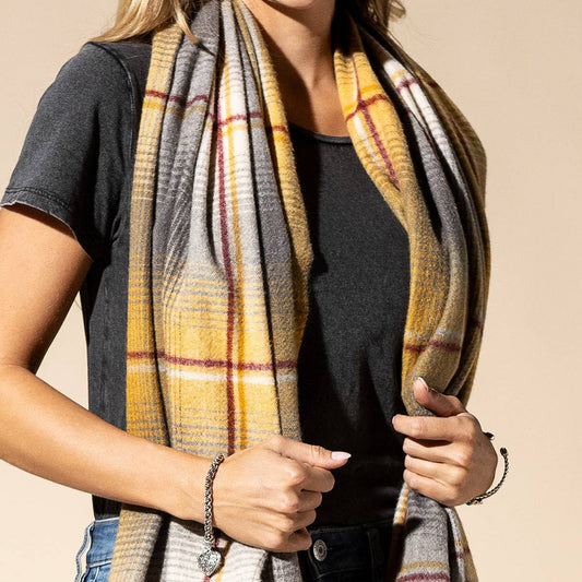 Mustard Yellow Plaid Fringe Scarf