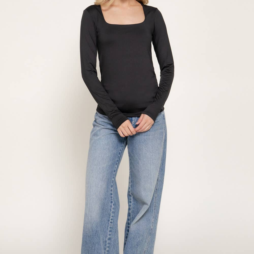 Black Long Sleeve Square Neck Double Layered Knit Top 2922