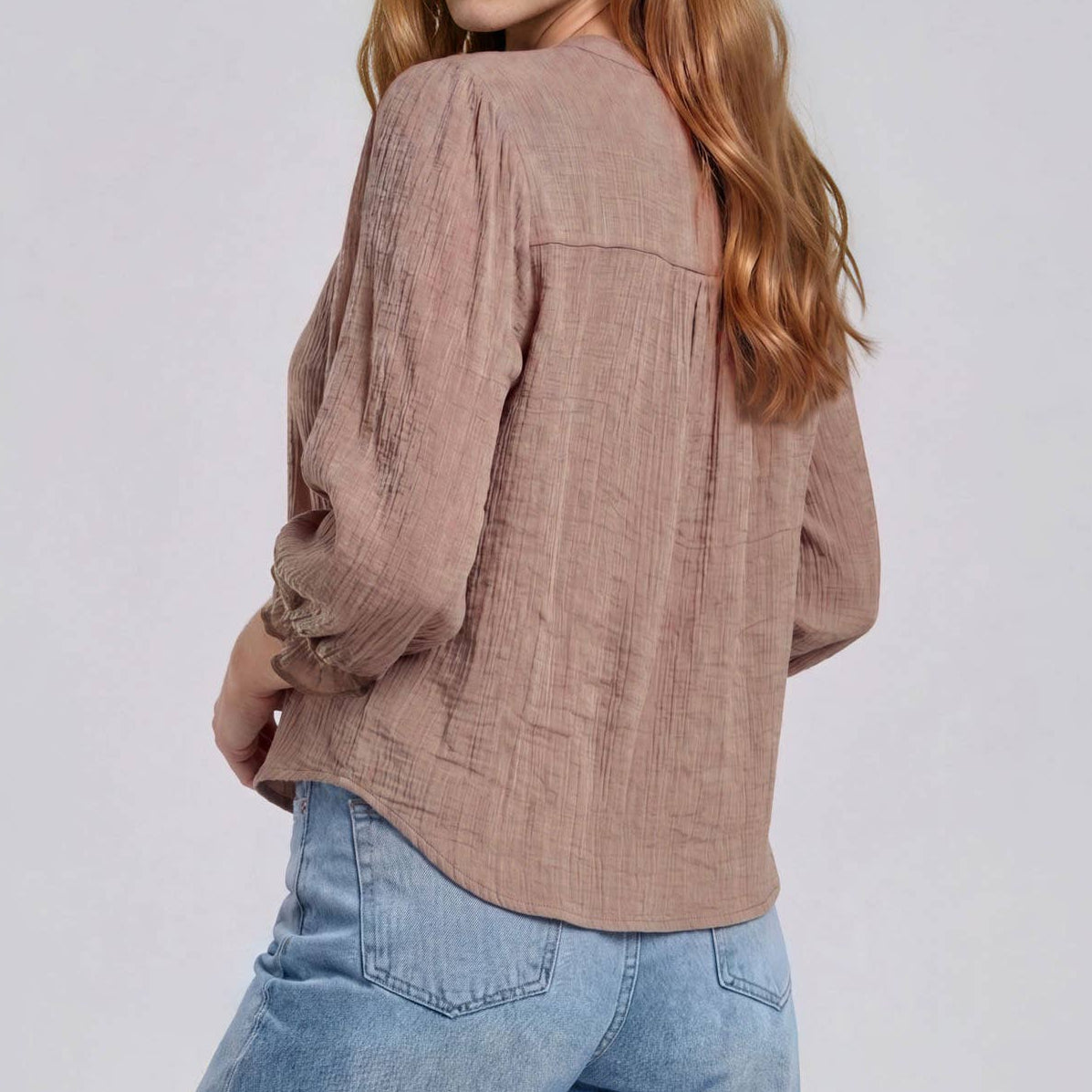 Crochet Trim V-Neck 3/4 Sleeve Top in Mocha 2884
