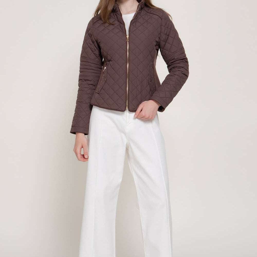 Brown Suede Piping Detail Rib Quilted Padding Jacket 2919