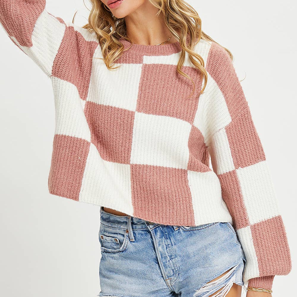 Checker Relaxed Fit Comfy Sweater in Mauve 2877