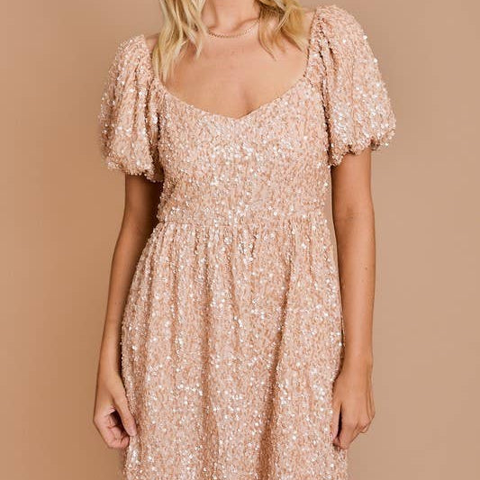 Rose Gold Puff Half Sleeve Sequin Fit & Flare Dress