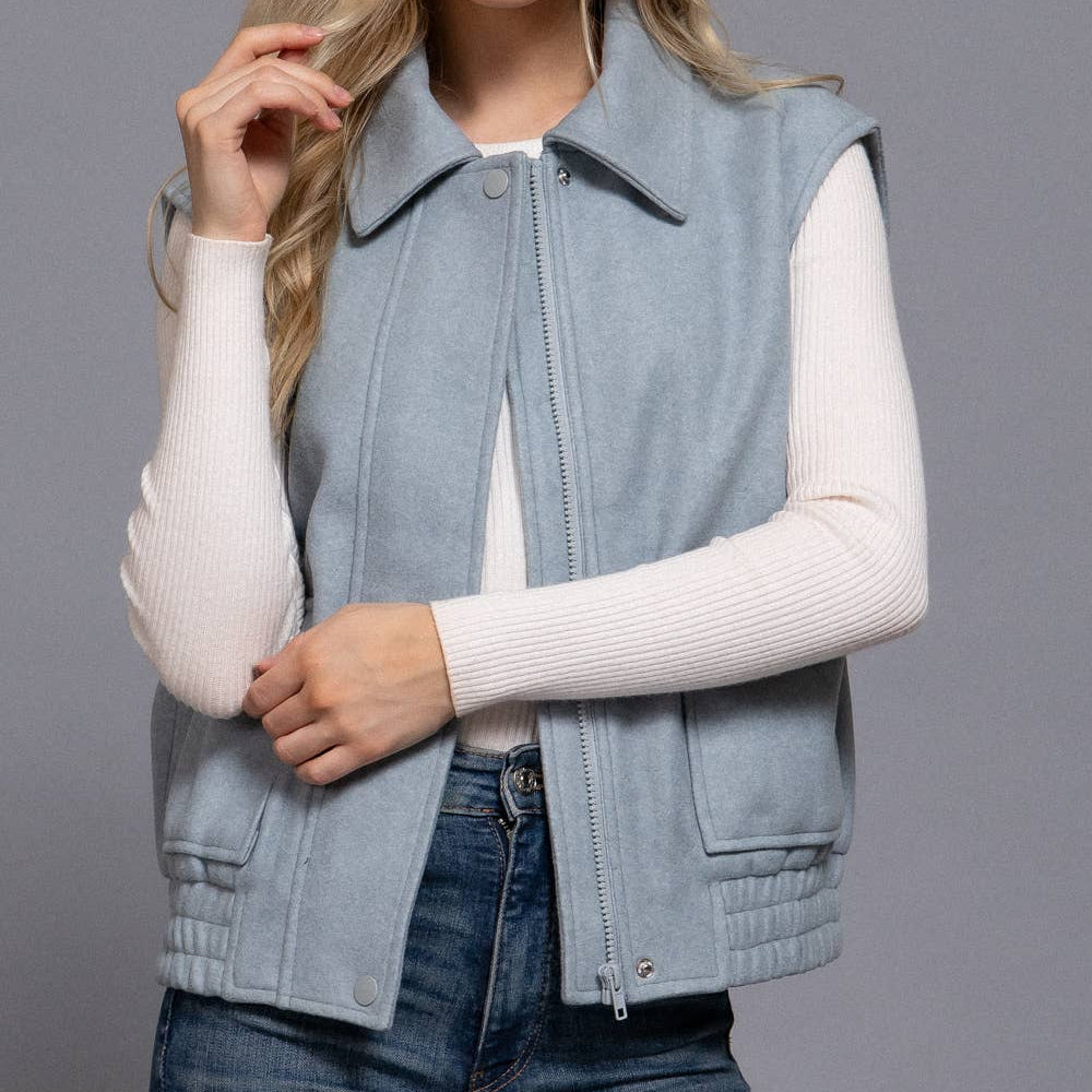 Pale Blue Notched Collar Soft Felt Zip Up Vest