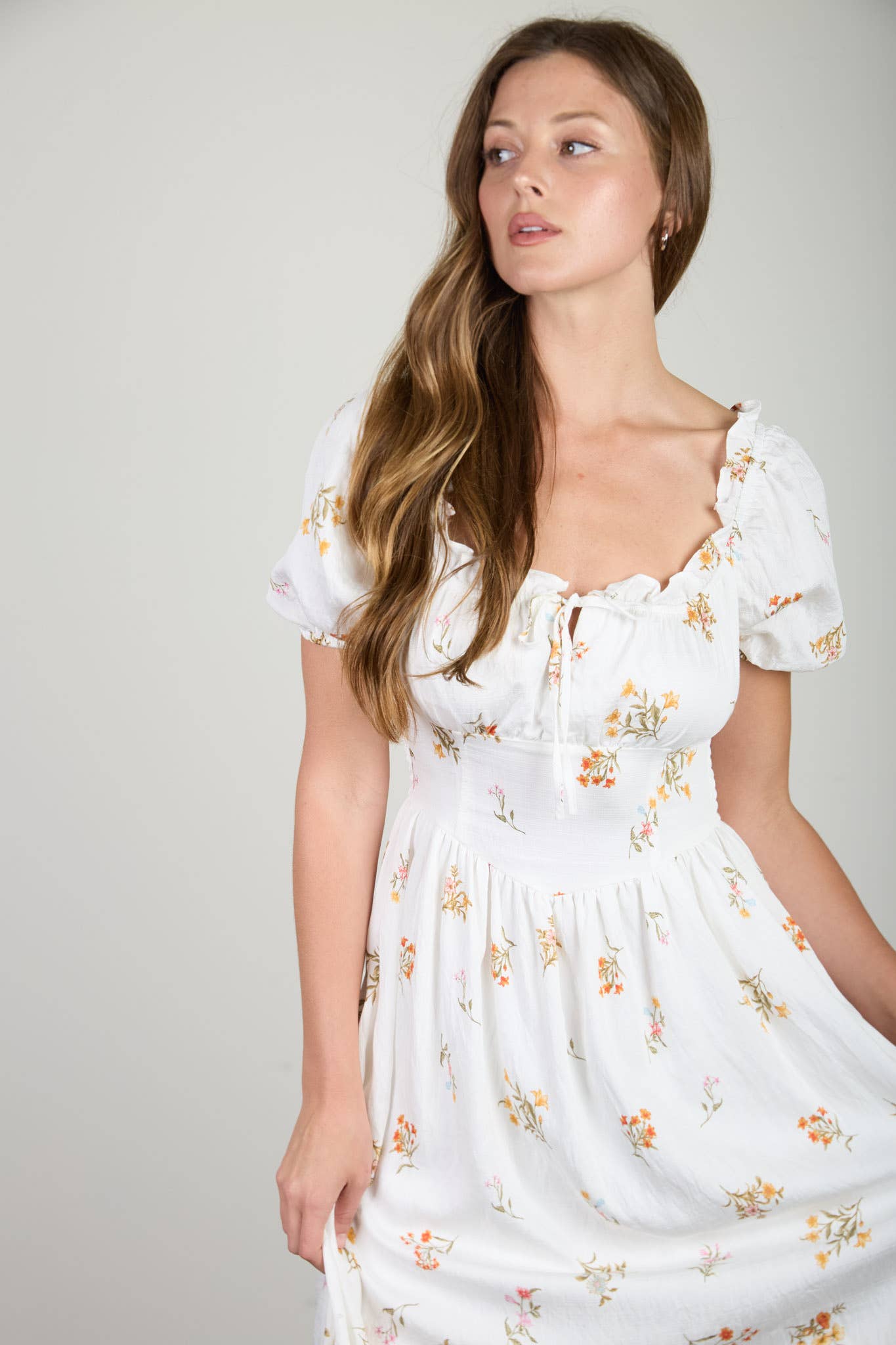 Falling Floral Puff Sleeve Corset Midi Dress