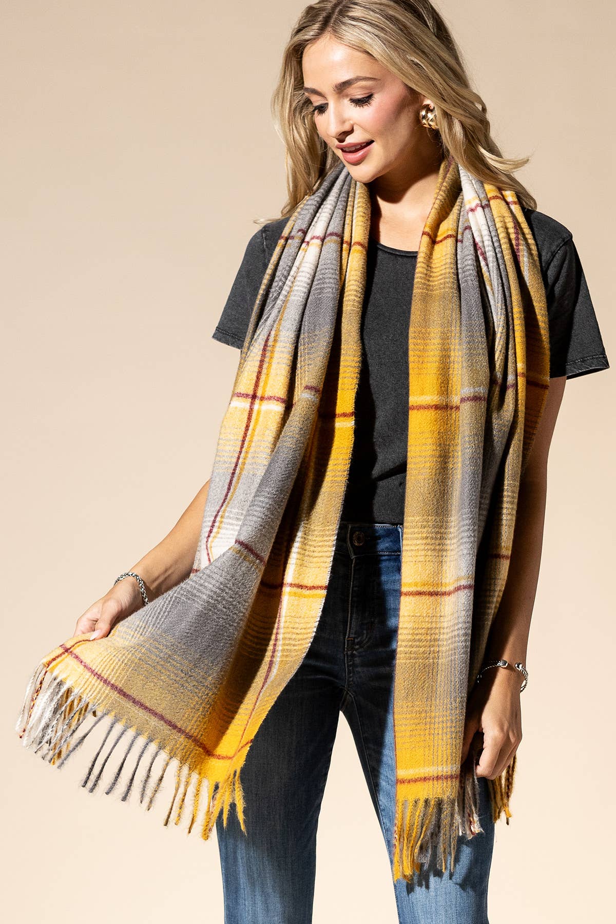 Mustard Yellow Plaid Fringe Scarf