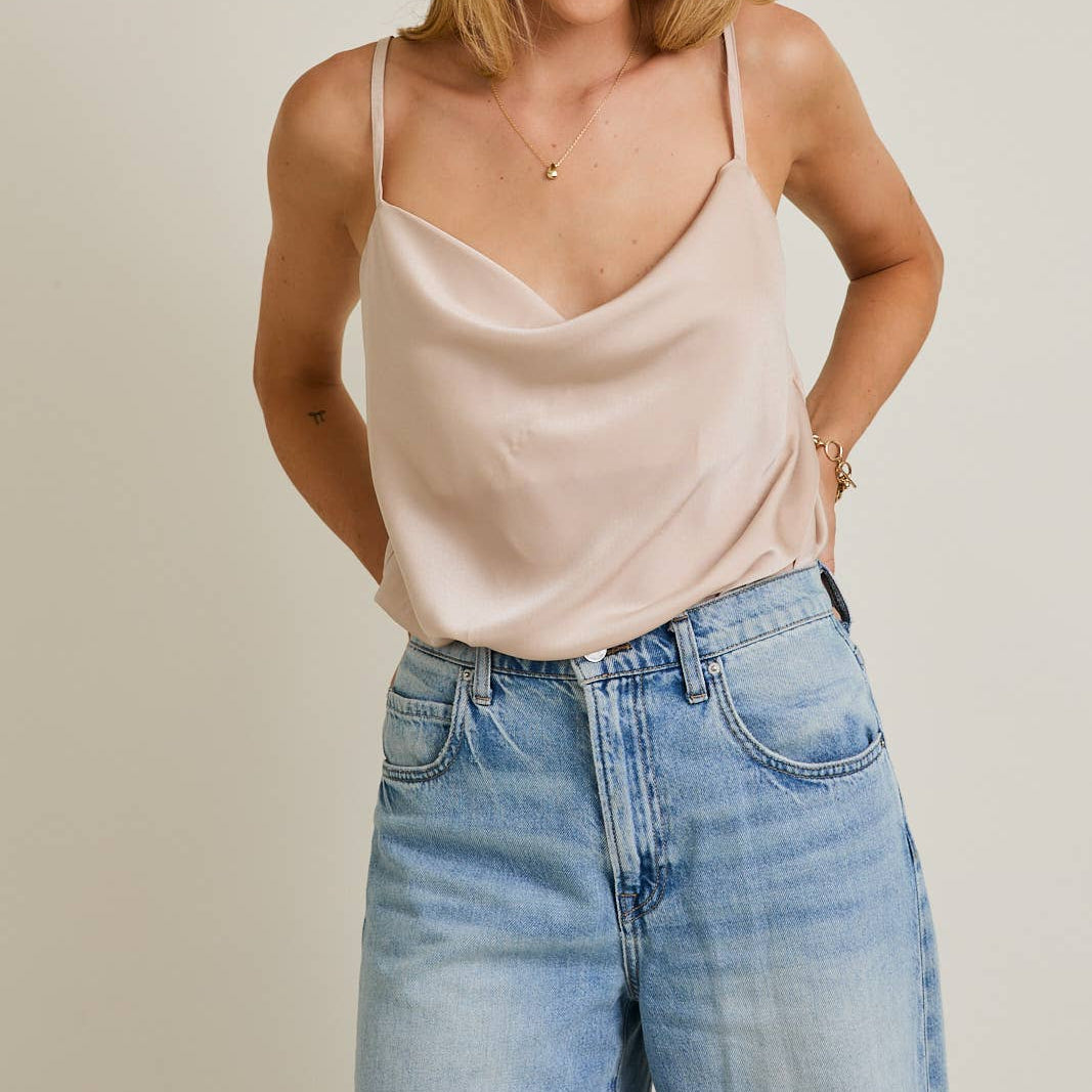Beige Spaghetti Strap Cowl Neck Bodysuit