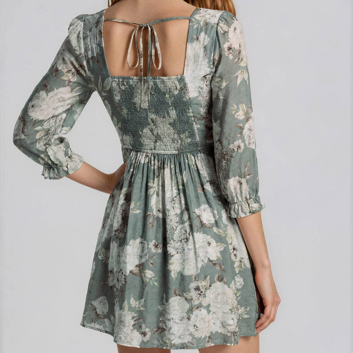 Green Square Neck Floral Dress 2883
