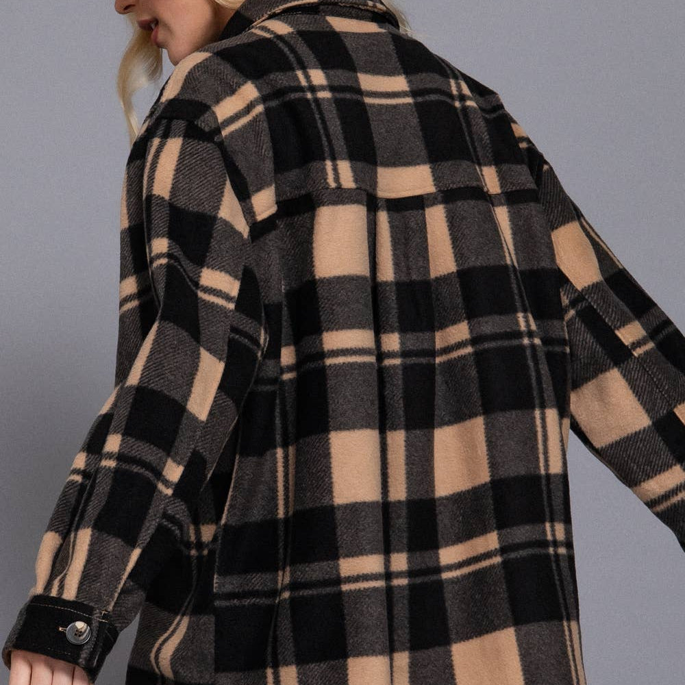 Taupe Long Sleeve Plaid Fleece Shacket 2924