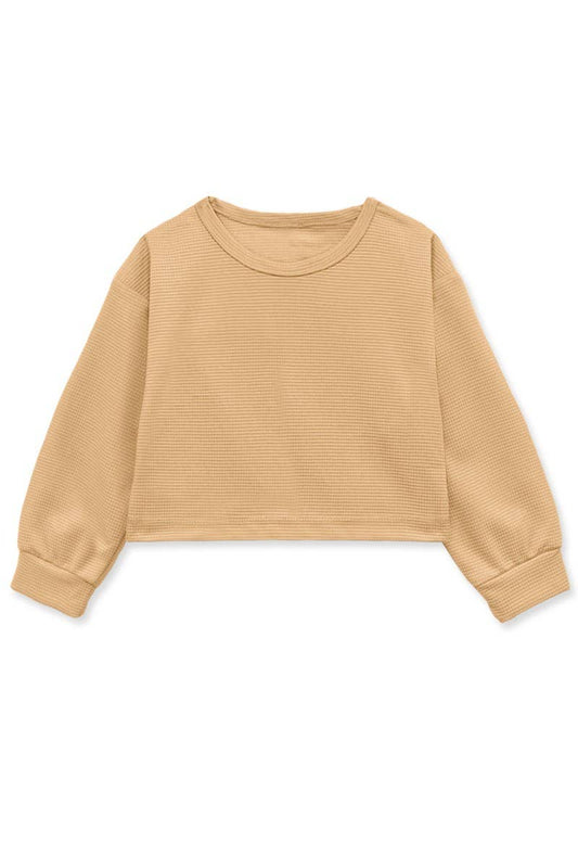 Girls Honey Comb Fabric Pullover Top in Camel 7-14 473