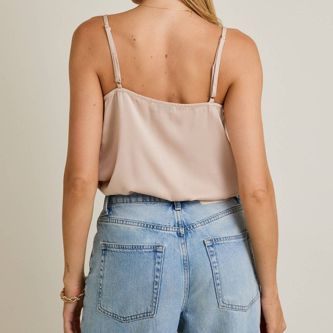Beige Spaghetti Strap Cowl Neck Bodysuit