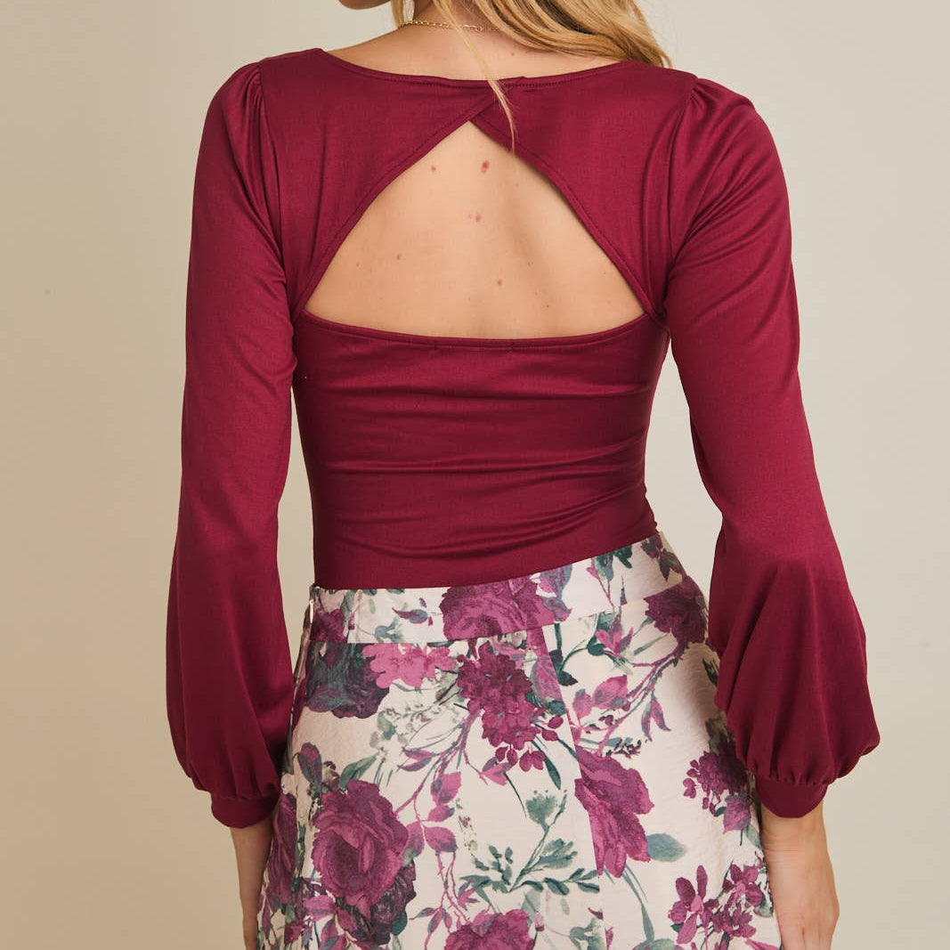 Burgundy Long Sleeve Square Neck Bodysuit