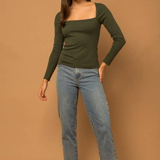 Olive Long Sleeve Square Neck Rib Knit Top