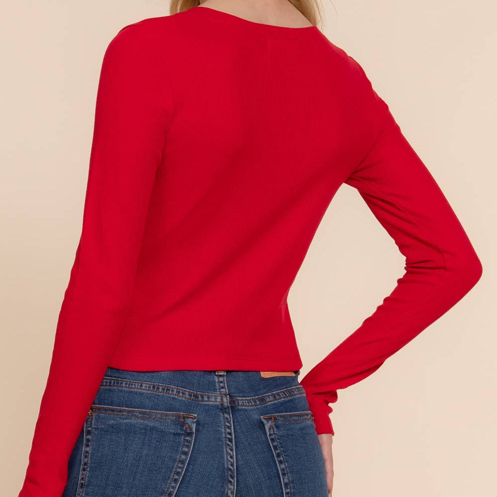Long Sleeve V-Neck Thermal Crop Knit Top
