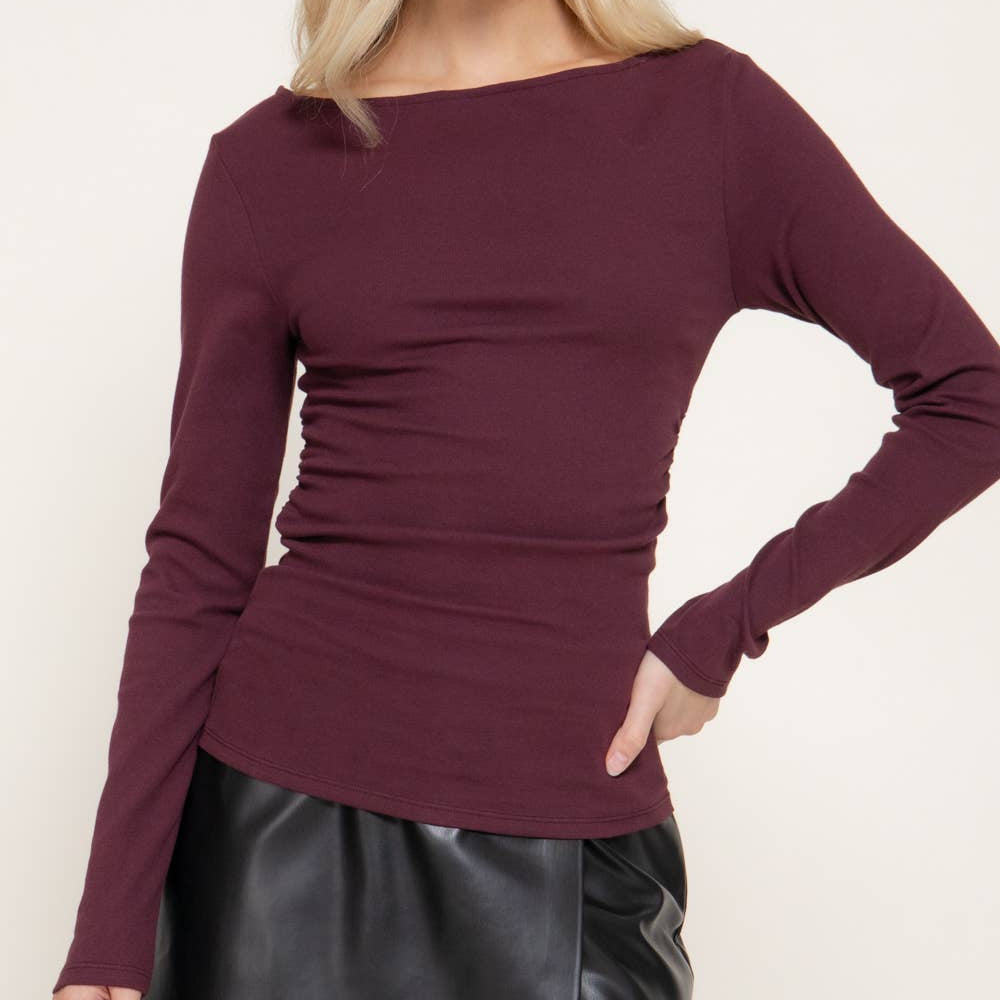 Plum Boat-Neck Shirred Ribbed Knit Top 2929