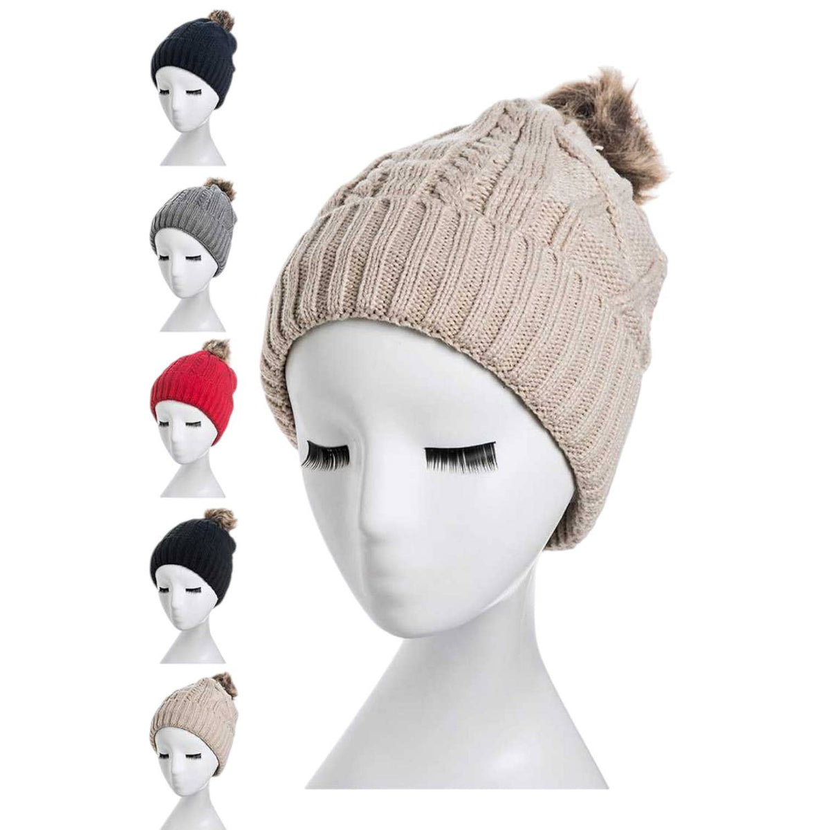 Raised Knit PomPom Beanie Stocking Cap (assorted)