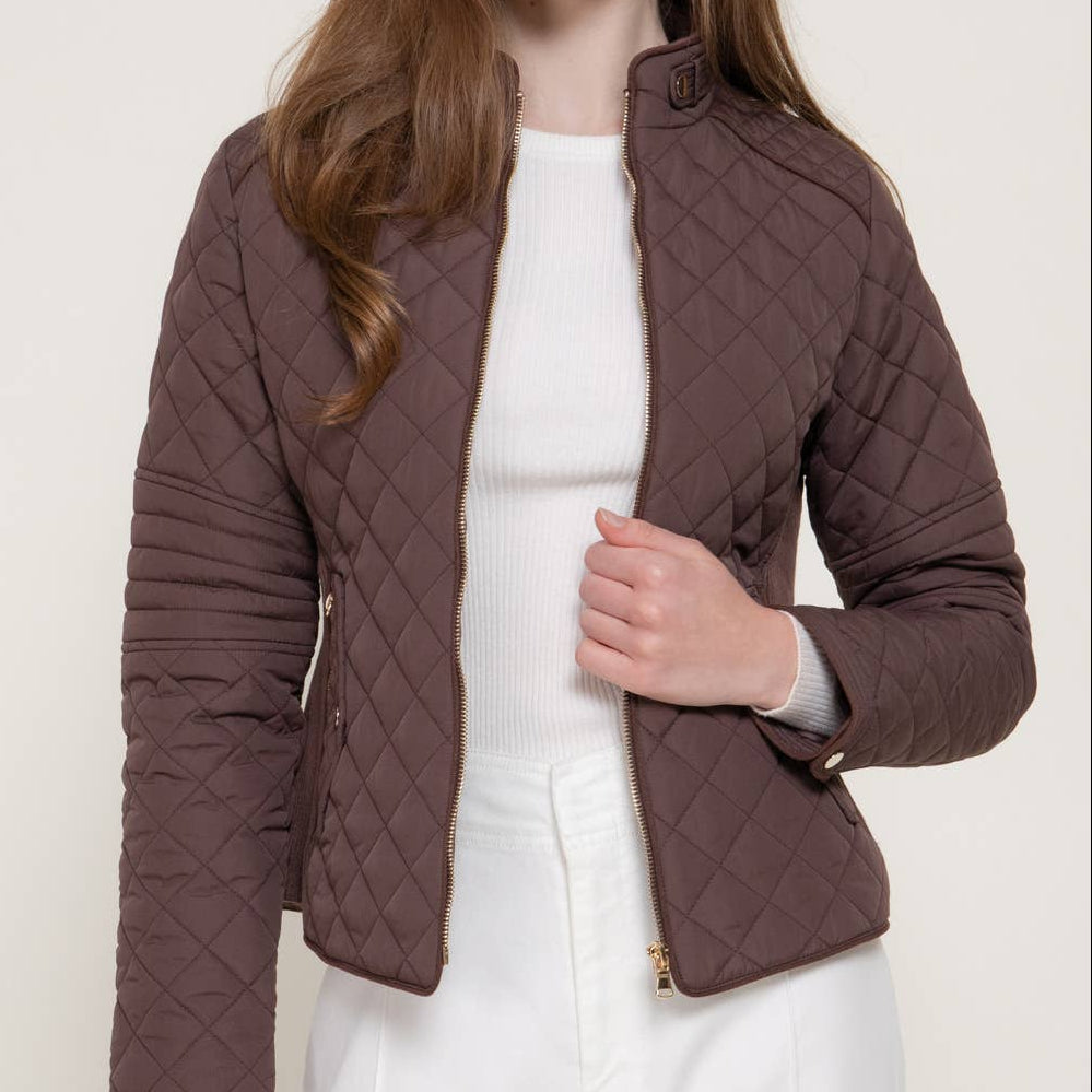 Brown Suede Piping Detail Rib Quilted Padding Jacket PLUS 2919