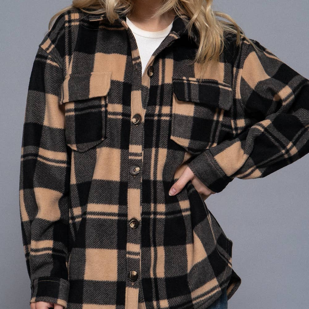 Taupe Long Sleeve Plaid Fleece Shacket 2924
