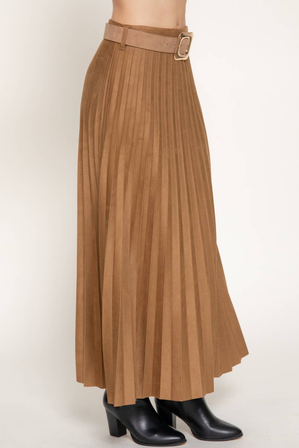 Camel Belted Faux Suede Pleated Long Skirt 2926