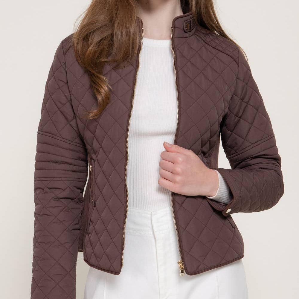 Brown Suede Piping Detail Rib Quilted Padding Jacket 2919