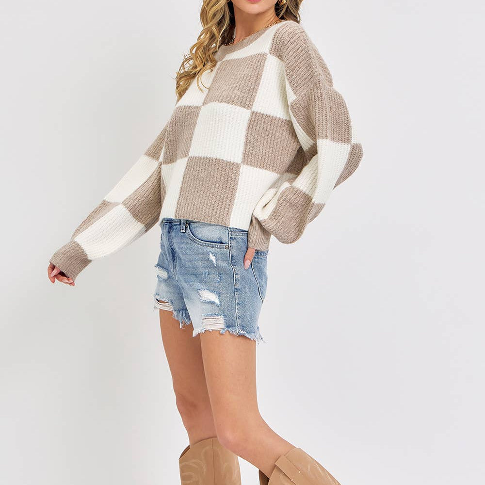 Checker Relaxed Fit Comfy Sweater in Mocha 2878
