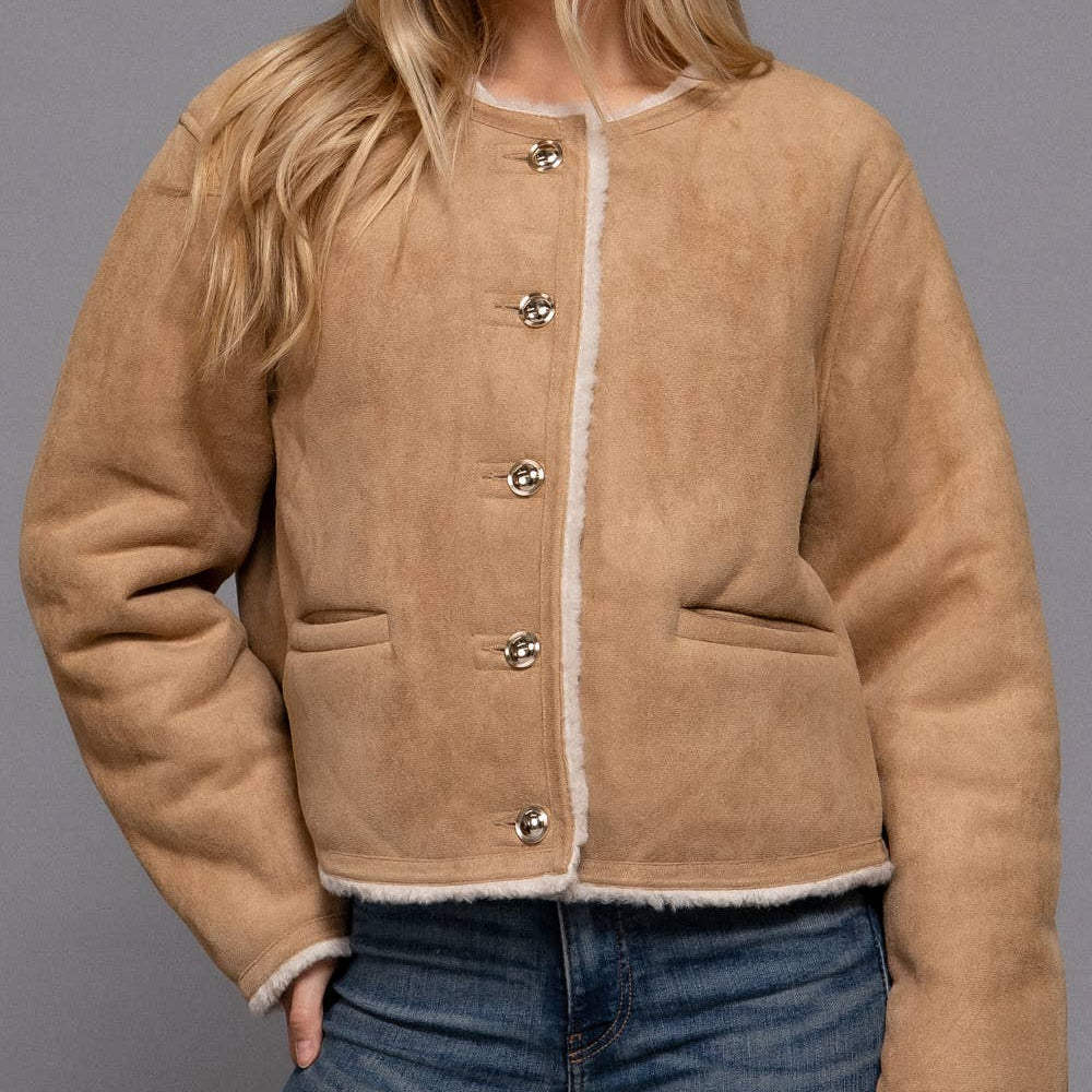 Long Sleeve Gold Button Faux Suede Jacket