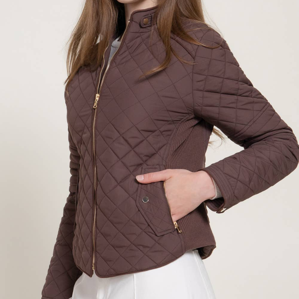 Brown Suede Piping Detail Rib Quilted Padding Jacket PLUS 2919