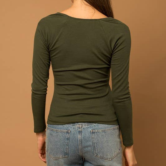 Olive Long Sleeve Square Neck Rib Knit Top