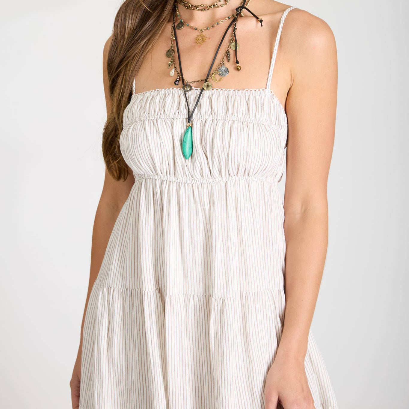 Stripe Shirred Empire Waist Tiered Midi Dress