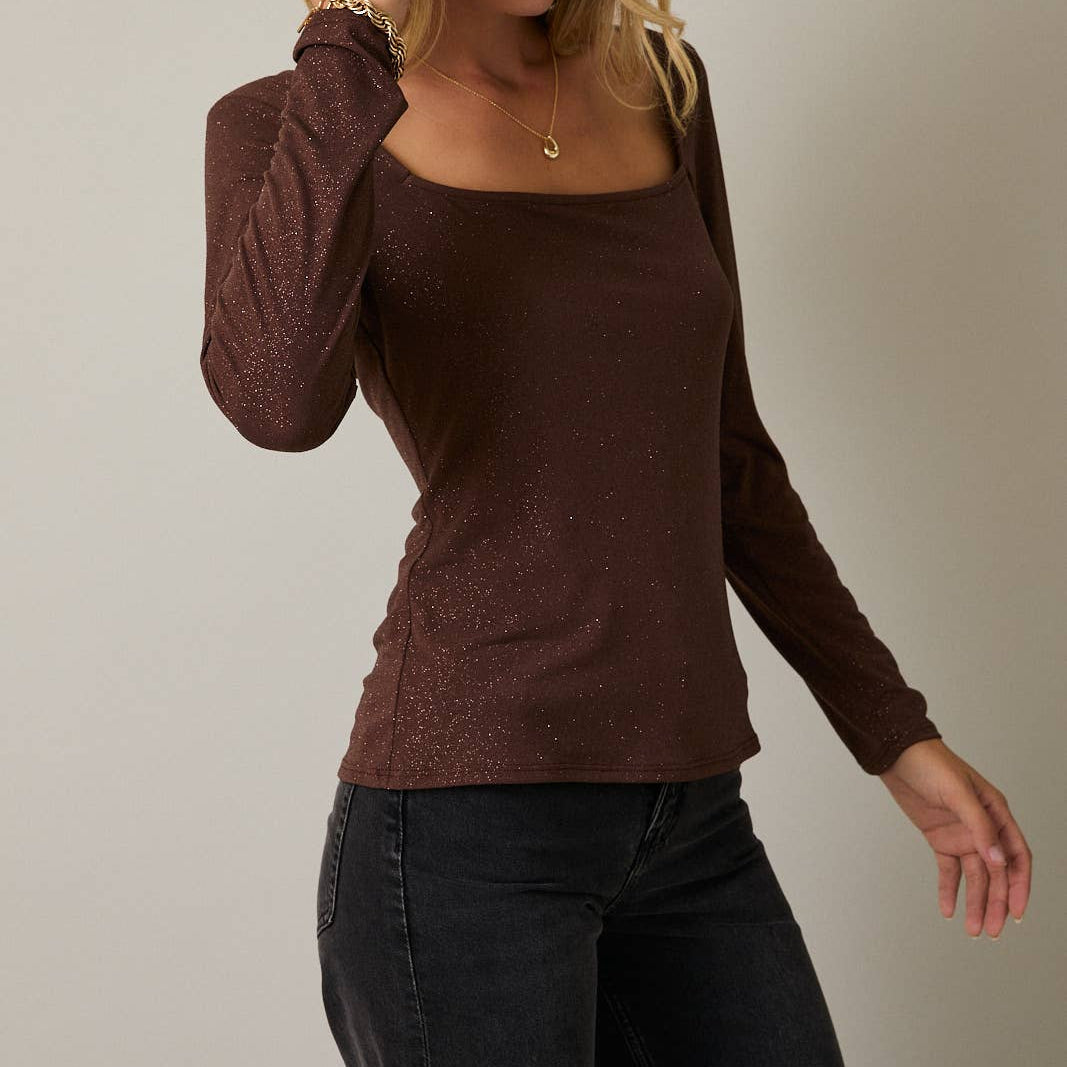 Brown Square Neck Long Sleeve Metallic Top