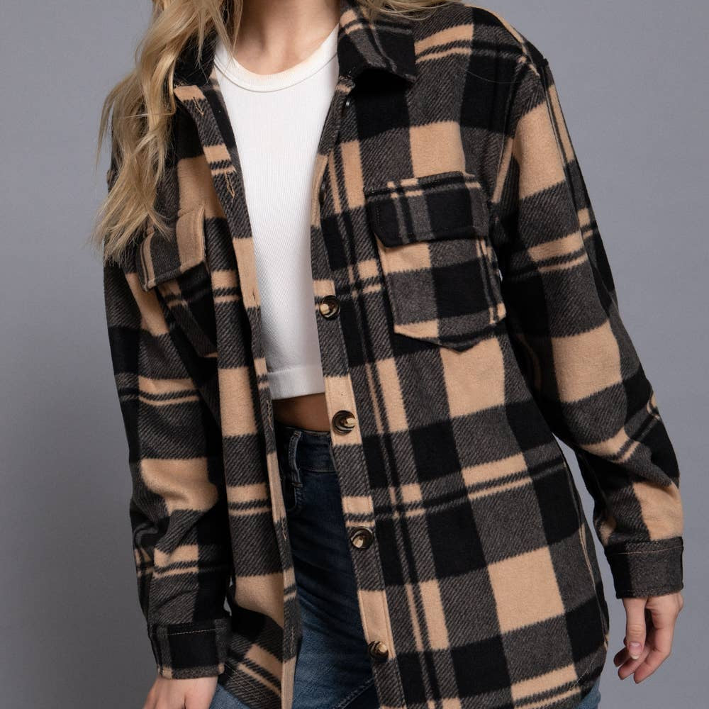 Taupe Long Sleeve Plaid Fleece Shacket 2924
